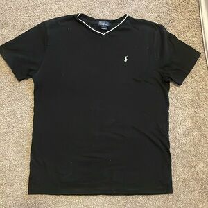 Polo by Ralph Lauren Men’s black/ white t shirt, striped v neck collar, size XL